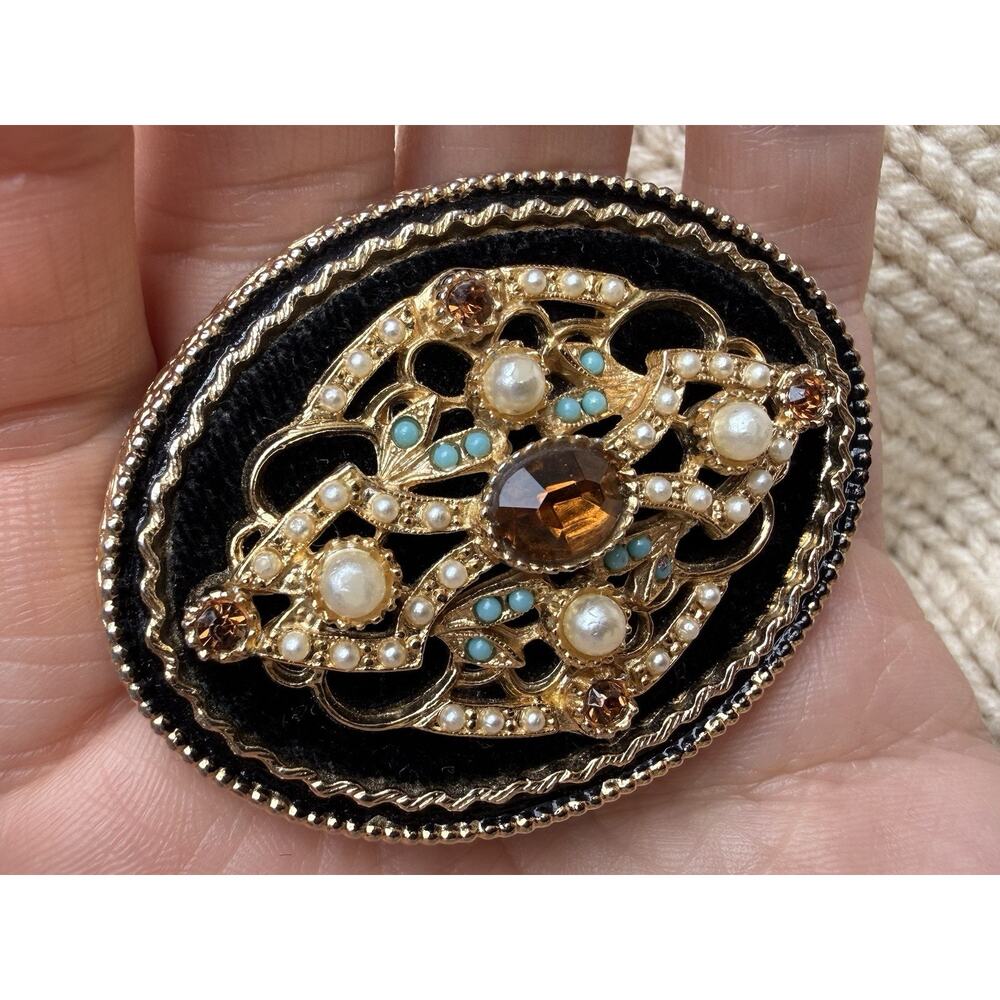 Vintage ART Victorian Revival Brooch Faux Pearl Amber Turquoise